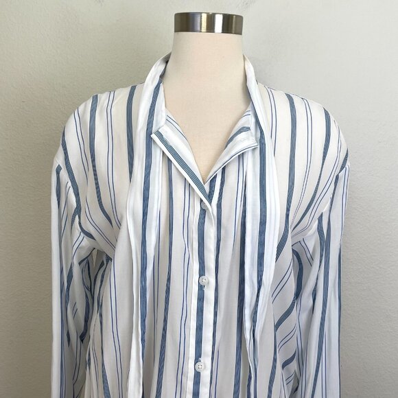 Elizabeth and James Womens Large White Blue Striped Tie Neck Shirt Button Up Top - Picture 8 of 10